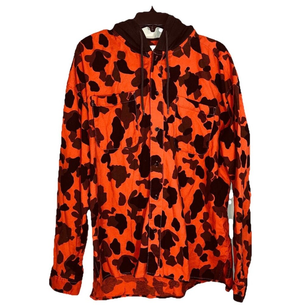 Vintage Urban Outfitters Orange Camo Hunting Button Up Hooded Shirt Pockets Sz L